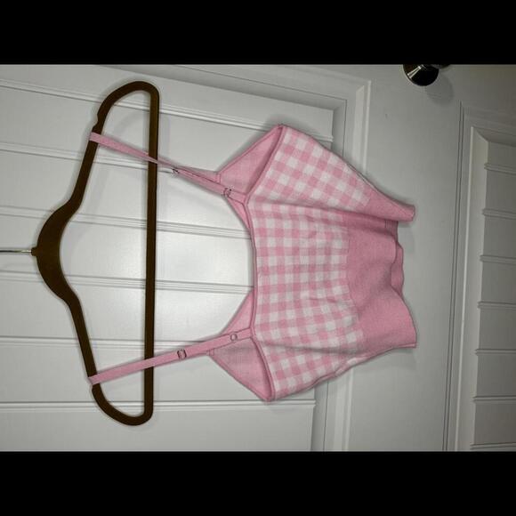 Sugar Lips Barbie Pink and White Checkered Gingham Knit Crop Tank Top - Picture 5 of 5